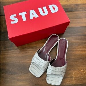 STAUD Cream Croc-Embossed Slide Mules with Burgundy Footbed